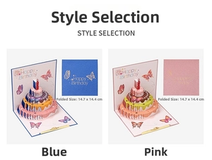 Detail view of 3D pop-up birthday cards with butterfly cake design and matching envelopes