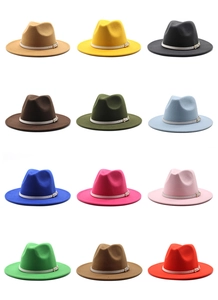 Macro shot of twelve colorful wool fedora hats with white belts and metallic buckles
