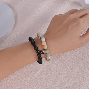 Couples magnetic crown bracelets with black matte beads and colorful natural stones