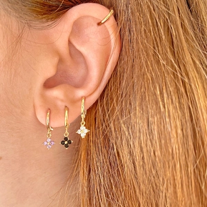 Luxury gold flower hoop earring set with purple, black, and white zircon crystals