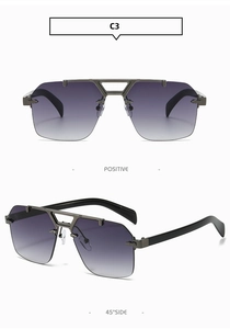 Detail view of square rimless sunglasses with purple gradient lenses and metal double bridge