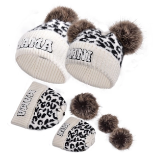 Leopard print parent-child knitted beanies set with MAMA MINI embroidery and fur pompoms