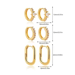 Detailed size measurement chart of 18K gold-plated cubic zirconia earrings set showing dimensions