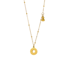 Detail of gold stainless steel necklace with hollow round pendant and small gourd charm