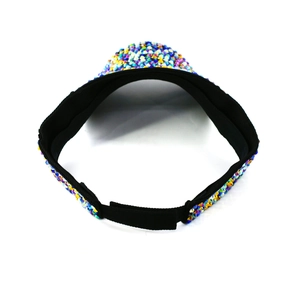 Detail of adjustable velcro strap and inner lining of a rhinestone sun visor hat