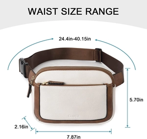 Detailed size chart for faux leather belt bag showing width 7.87in and waist range