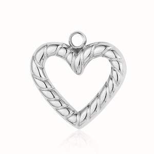 Macro view of a silver heart pendant with textured rope pattern and top link ring