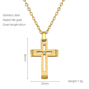 Detail view of 18K gold plated stainless steel cross necklace with dimensions and weight specs