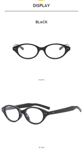 Front and 45-degree angle view of black oval full-rim glasses with a glossy finish