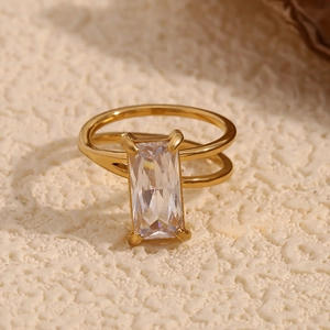 18K Gold Plated Stainless Steel Ring With Rectangular Zircon Asymmetric Double Layer Band Elegant Geometric For Women