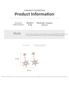Detail view of 18k gold plated snowflake earrings with dimensions 4.7cm by 2.2cm