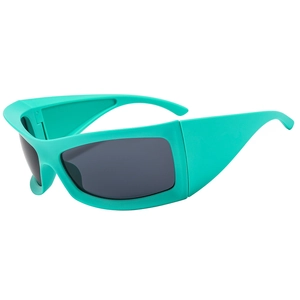 Futuristic sports sunglasses in mint green with wide frames and dark grey lenses
