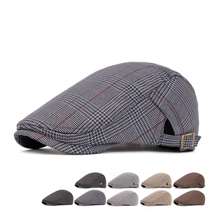 British style plaid beret hat with vintage flat cap design and adjustable metal side buckle