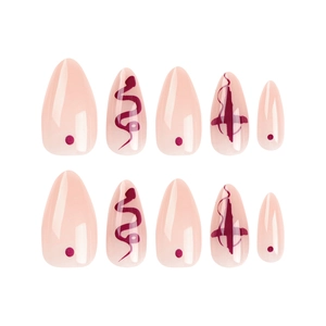 Almond-shaped press-on nails with red snakeskin pattern and abstract line art design