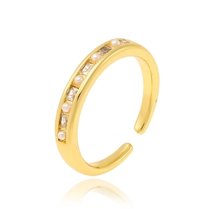 Luxury 18K gold plated copper ring with inlaid small pearls and rectangular zircons