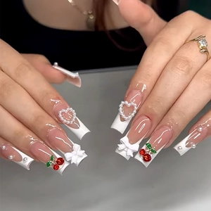 French White Tip Press On Nails Long Coffin With Artificial Pearl Heart Bow And Cherry Decor Sweet Elegant False Nails For Women