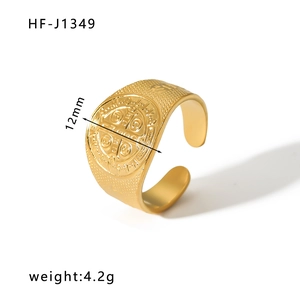 18K gold plated stainless steel open ring with 12mm Saint Benedict medal relief design