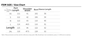 Detailed size guide table for women long faux fur coat including measurements from XS to 2XL
