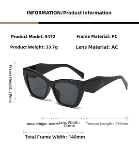 Detailed size specifications for square cat eye sunglasses with PC frame and AC lenses