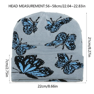 Tableau des tailles détaillé pour bonnet en tricot gris avec motifs papillons et mesures