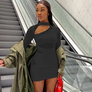 Sexy black bodycon dress with hollow-out long sleeves and sheer mesh patchwork detail