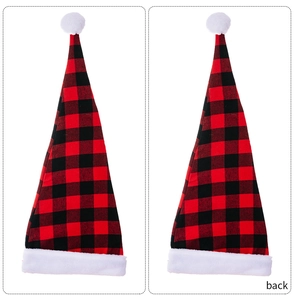 Rear view of long Christmas hat with red and black buffalo plaid and plush white trim