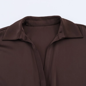 Elegant brown satin blouse with silken texture and classic collar for professional women