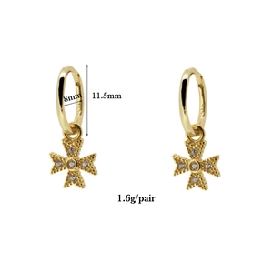 Detail of gold clover drop earrings with S925 hallmark and cubic zirconia stones