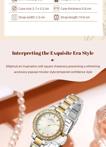 Detailed specifications of IBSO gold steel women's watch with rhinestone bezel on jewelry display