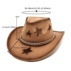 Brown wool cowboy hat with star pattern and metal chain detail shown in front view