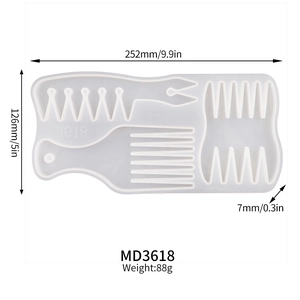 Silicone mold for DIY afro hair pick comb showing dimensions 252mm x 126mm and 7mm thickness