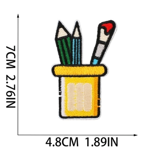 Detail showing stationery embroidery patch of pen holder with dimensions 7x4.8cm