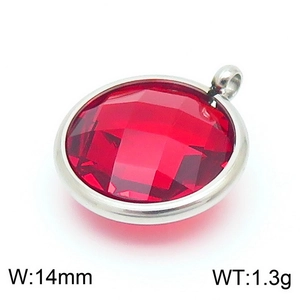 Macro shot of 14mm red birthstone pendant with silver metal frame and weight specs