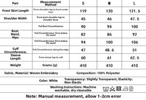 Detailed size chart and washing care guide for white lace embroidery long sleeve dress