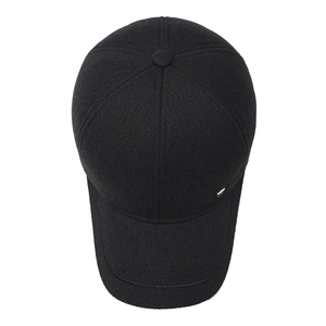Winter men's black fleece-lined baseball cap with thick textured fabric and ear protection