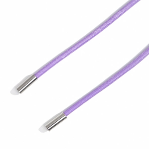 Detail of purple braided drawstring cords with sleek silver metal aglet end tips