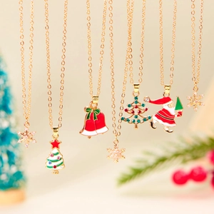 Christmas Theme Alloy Enamel Rhinestone Necklace Bell Snowflake Christmas Tree Santa Charm Holiday Party Women Jewelry