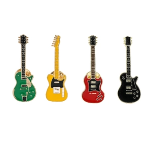 Set of four vintage enamel guitar brooches in green, yellow, red and black metal finishes