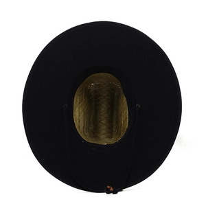 Detail of wide brim sun hat showing woven texture, inner straw design, and wind lanyard
