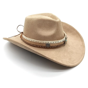 Detail of western cowboy hat with star leather band, braided rope, and turquoise charm