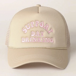 Beige trucker hat with pink Support Day Drinking embroidery and breathable mesh back