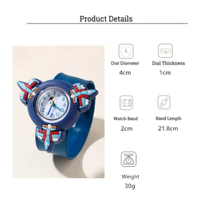 Detailed view of children's blue watch featuring 3D cartoon airplanes and soft silicone strap