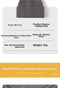 Detailed size specifications for a thick knit beanie made of warm cashmere wool material