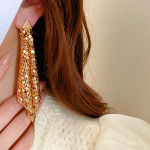 Chic long gold sequin tassel drop earrings with geometric metallic fringe design