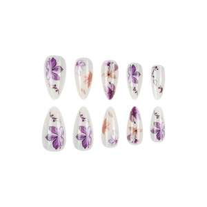 Almond-shaped press-on nails with purple tulip watercolor floral designs on white base