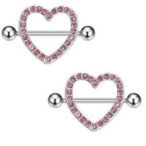Détails des piercings de téton en forme de cœur rose avec cristaux et barre argentée