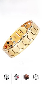 Macro view of gold titanium steel bracelet with hexagonal texture and magnetic elements