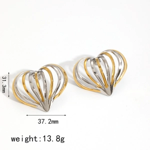 Hollow heart earrings in gold and silver steel stripes, size 37.2mm x 31.3mm