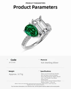 Detailed specs of S925 silver ring featuring pear-cut emerald and iced zircon stones