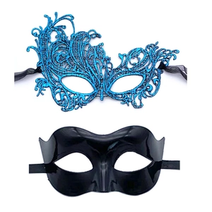 Detail of blue glitter lace phoenix mask and sleek black plastic masquerade eye mask
